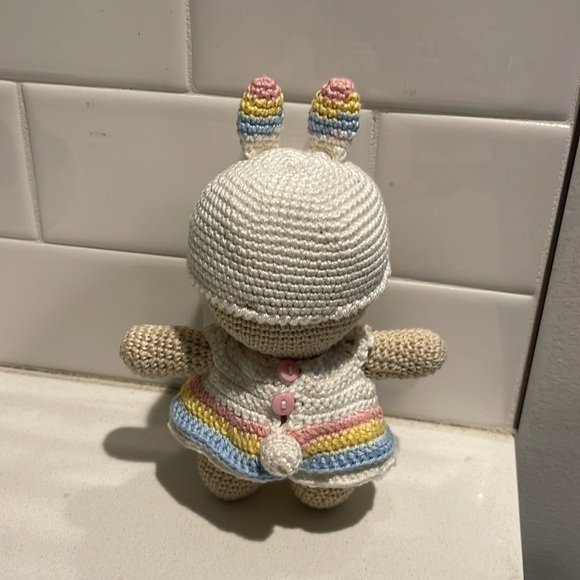 Handcrafted Doll in Bunny Rabbit Dress Easter Holiday Decor Crochet Toy Spring - Picture 7 of 12